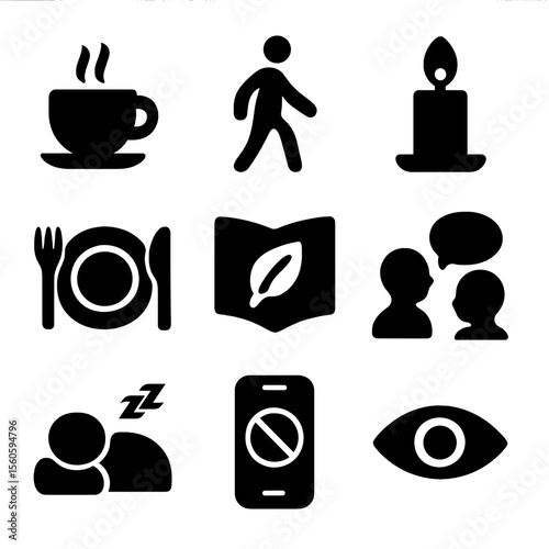 Mindfulness Icon Set. Solid, filled icon set of mindfulness in daily life: cup of tea, walking person, candle flame, mindful