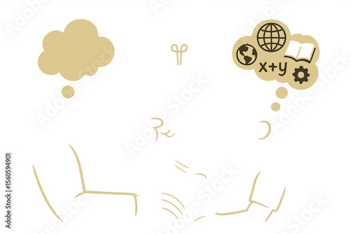 Adult and Child Silhouettes Exchanging Knowledge and Ideas, Education Concept, Mentoring, Thought Bubbles with Science, Math, Globe, Book, Minimal Vector Illustration, Learning Together