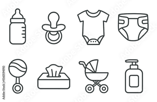 Baby essentials icons set – outline style, newborn and infant care symbols