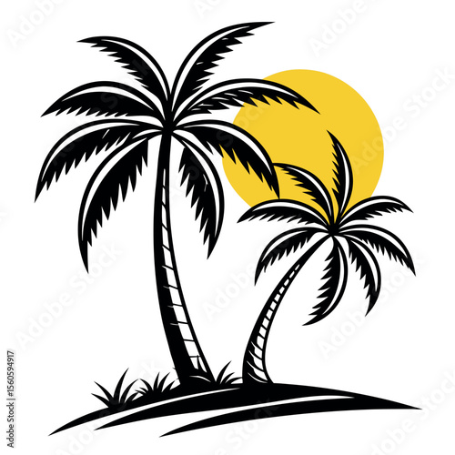 Two Palm Trees Swaying Gently Under a Bright Yellow Sun on a Tropical Beach