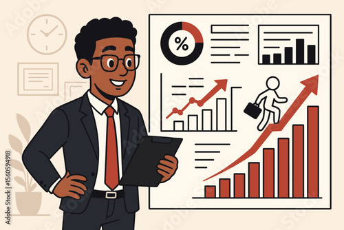 Ambitious professional analyzing career growth, personal development, business success metrics. Cartoon businessman with clipboard, bar charts, upward graphs, achievement, progress, leadership concept