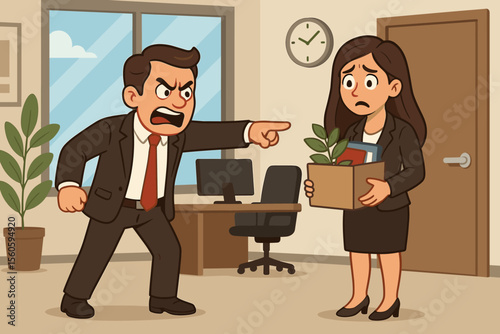 Angry boss firing female employee in modern office. Business conflict, job loss, unemployment, termination, workplace argument. Cartoon vector illustration. Corporate stress, dismissal scene.