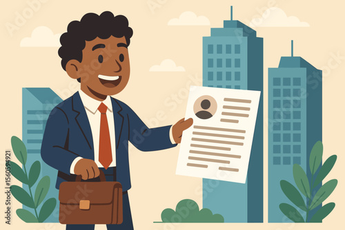 Ambitious job seeker presenting tailored resume for dream career opportunity, professional business interview, confident candidate with briefcase, modern city office background, vector illustration