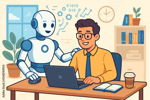 Friendly robot assistant helping office worker with laptop, artificial intelligence collaboration, modern workplace productivity, technology teamwork, digital transformation vector illustration
