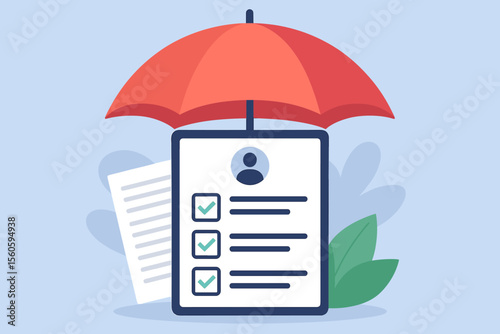 Insurance protection concept. Application form with check marks under umbrella. Secure document, checklist, personal data privacy, risk management, safety, security, vector cartoon illustration