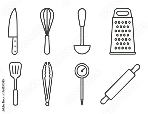 Culinary tools icons set – outline, kitchen and cooking utensils symbols