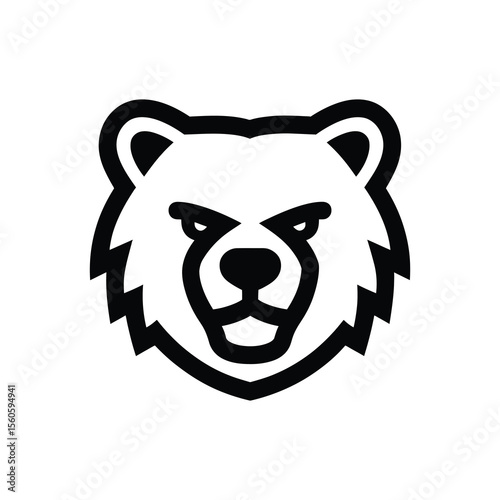 Bold bear head with strong gaze rendered in minimalist black outline appears fierce and majestic