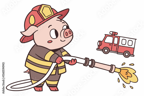 Vector cute Pig cartoon character, dressed as a firefighter, holding a hose, heroic and ready expression, fire truck hint, isolated on white background