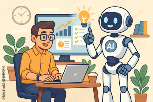 Artificial intelligence robot assisting office worker with laptop, boosting productivity, data analysis, teamwork, innovation, technology in modern workplace, vector cartoon illustration