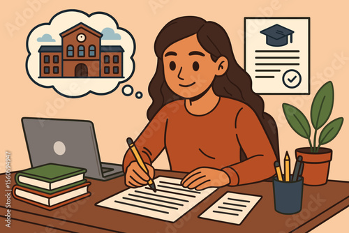 University Application Personal Statement Writing. Student at Desk with Laptop, Books, Checklist, Graduation Cap. College Admission Preparation. Education Success Concept. Vector Illustration