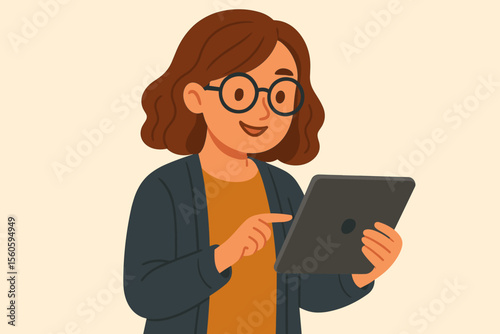 Cartoon woman using digital tablet for work or leisure. Female character with brown hair, glasses, casual clothing, holding device, technology, communication, modern lifestyle, vector illustration