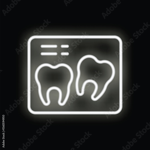 White glowing neon icon of a dental x ray showing two teeth on a black background