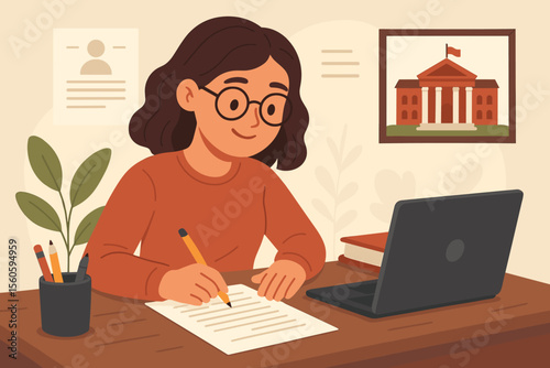 University Application Preparation, Student Writing Personal Statement, College Admission Process, Academic Motivation, Education Goals, Study Desk with Laptop and Documents, Vector Illustration