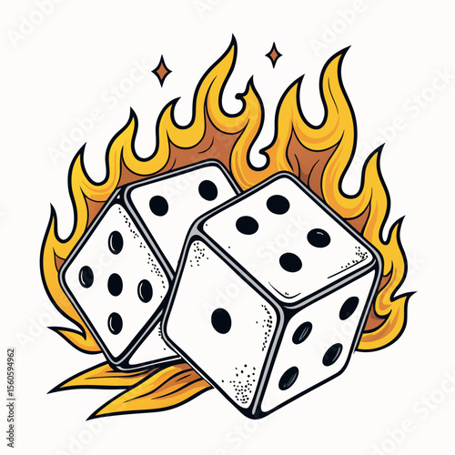 Dice on Fire with Flames and Sparkles for Gambling Luck and Chance Concepts