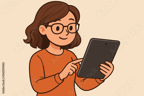 Cartoon woman using digital tablet for work or leisure. Female character with brown hair, glasses, orange sweater. Modern technology, online learning, communication, remote work, vector illustration