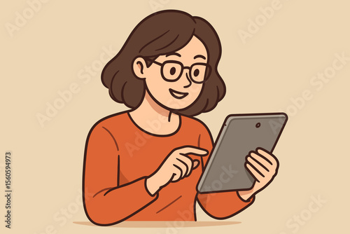 Woman Using Tablet Device for Work or Leisure Activities. Cartoon Vector Illustration of Female Character with Brown Hair and Orange Sweater Touching Screen. Digital Technology Concept