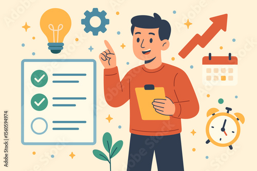 Productivity and Time Management Concept. Cartoon Vector Illustration of Person Organizing Tasks with Checklist, Calendar, Clock, Lightbulb Idea, Gear, Growth Arrow. Effective Task Planning Strategy