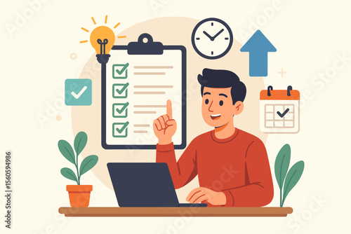 Productivity and Task Management Concept. Cartoon Man with Laptop, Checklist, Calendar, Clock, Lightbulb, Arrow Up. Time Management, Goal Achievement, Organization, Planning, Efficiency Vector