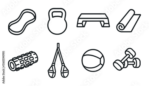 Minimalist fitness equipment icons set – outline, workout and exercise symbols