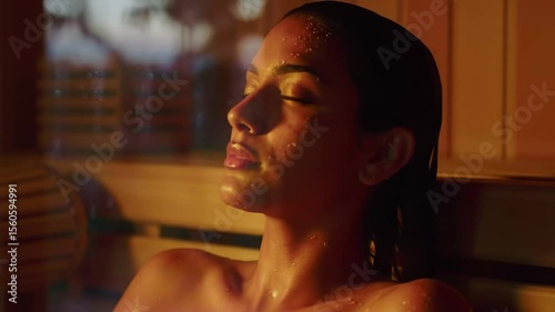 Sweatsoaked woman reclines in sauna eyes closed illuminated by orange light