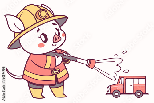 Vector cute Pig cartoon character, dressed as a firefighter, holding a hose, heroic and ready expression, fire truck hint, isolated on white background