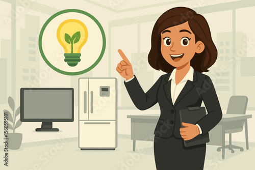 Businesswoman promoting energy efficiency in modern office, eco-friendly appliances, green technology, sustainability, energy saving concept, vector illustration, workplace environment