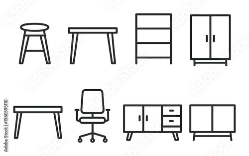 Minimalist furniture icons set – outline, home decor and interior design symbols