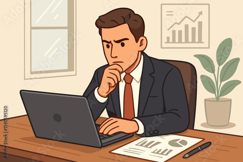 Focused businessman analyzing financial reports and data on laptop at office desk, business strategy, investment planning, office workspace, vector cartoon illustration