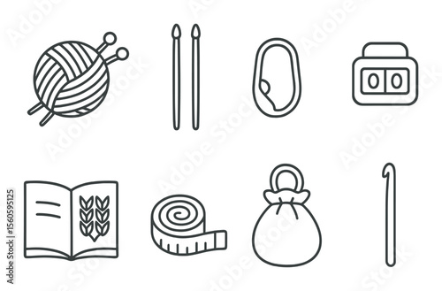 Knitting supplies line icons set – yarn, craftsmanship tools, knitting essentials