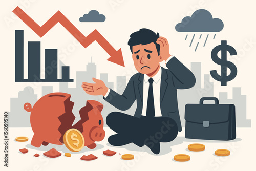 Financial crisis, bankruptcy, economic downturn, business failure, broken piggy bank, falling graph, stressed businessman, money loss, recession, debt, loss of savings, cartoon vector