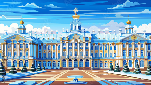 Catherine Palace in Tsarskoye Selo near St. Petersburg features brilliant sky-blue walls, gilded stucco, and snow-dusted rooftops—an extraordinary vision of rococo Russian grandeur.
