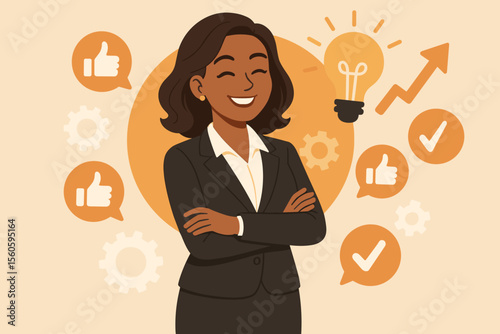 Confident businesswoman in suit with arms crossed, surrounded by thumbs up, check marks, gears, lightbulb, and upward arrow icons. Leadership, feedback, innovation, success, growth, teamwork concept.