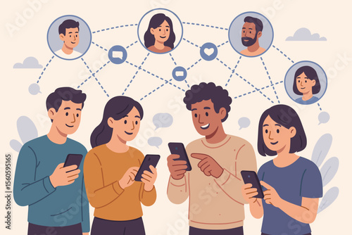 Diverse group of people using smartphones for social media networking, online communication, digital connection, chatting, sharing content, internet interaction, cartoon vector illustration