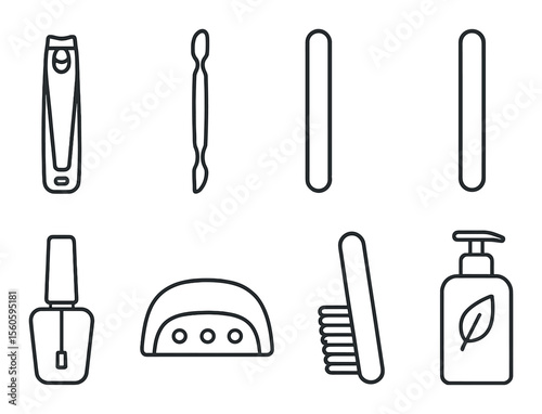 Nail care essentials icons set – outline, manicure and grooming symbols