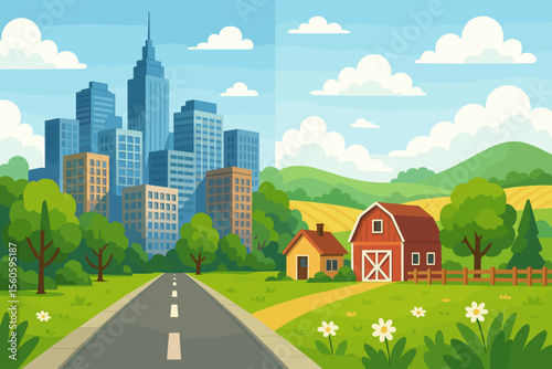Vibrant Urban Cityscape Versus Peaceful Rural Countryside Landscape, Road Dividing Modern Skyscrapers and Farm Barn, Nature, Agriculture, City Life, Vector Cartoon Illustration