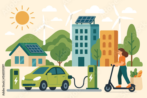 Sustainable urban living concept with electric car charging, eco-friendly scooter, solar panels, wind turbines, renewable energy, green city landscape, clean transportation, environmental conservation