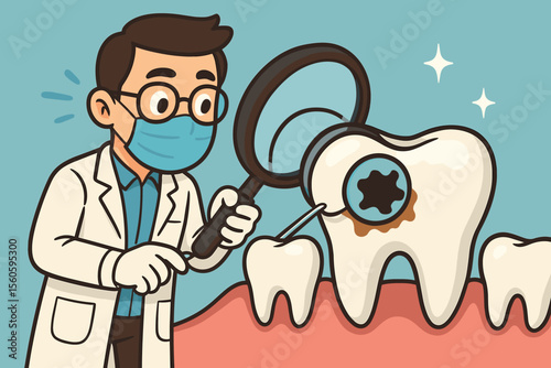 Cartoon dentist examining tooth decay with magnifying glass. Dental checkup, oral health care, cavity inspection, dental hygiene, prevention, dentist character, tooth illustration, vector concept