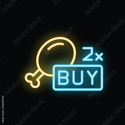 Neon sign of glowing chicken leg and buy inscription is announcing about special offer