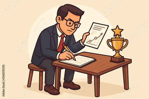 Ambitious Businessman Practicing Skills for Success, Writing Notes, Analyzing Growth Chart, Achieving Excellence, Trophy Award, Professional Development, Vector Cartoon Illustration