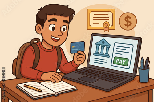 Student Making Online Tuition Payment with Credit Card, Laptop, and Notebook. E-Learning Financial Transaction, Education Fees, Digital Payment, School Banking, Scholarship Certificate, Money Symbol