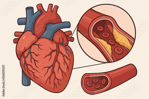 Human Heart Anatomy with Coronary Artery Disease, Atherosclerosis Plaque Buildup, Blood Vessel Cross Section, Medical Vector Illustration, Cardiovascular Health, Circulatory System Concept