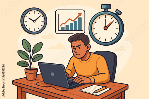Focused freelancer at desk using laptop, time management and productivity tracking tools, stopwatch, clock, growth chart, remote work, organized workspace, cartoon vector illustration