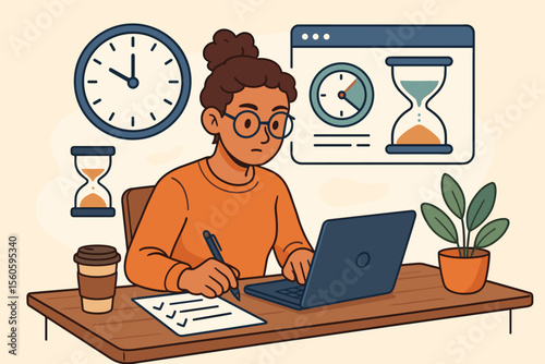 Focused freelancer using time management tools, tracking productivity, working remotely with laptop, checklist, coffee, clock, hourglass, digital dashboard, home office vector illustration