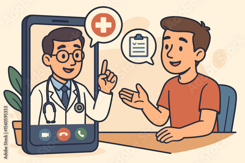 Telemedicine consultation with doctor and patient using smartphone app. Online healthcare advice, virtual medical appointment, remote diagnosis, digital health service vector illustration concept