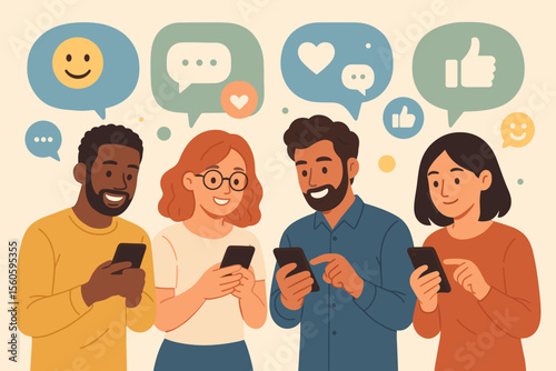 Diverse group of people using smartphones for social media communication. Cartoon illustration of friends chatting online, sharing messages, emojis, likes, digital interaction, community connection