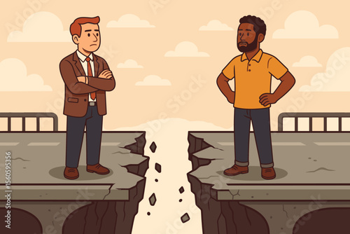 Diverse Men Standing on Broken Bridge Representing Racial Divide, Social Inequality, Conflict, Separation, Unity Challenge, Diversity Concept, Cartoon Vector Illustration