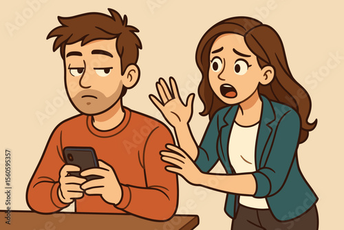 Distracted man ignoring woman trying to get attention, smartphone addiction, relationship communication problem, couple conflict, technology distraction, vector cartoon illustration