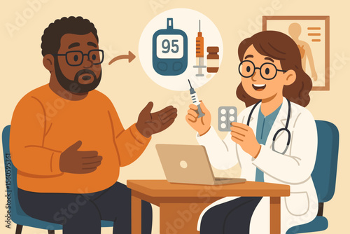 Diabetes management consultation vector. Doctor advising patient on blood glucose control, insulin injection, medication, diabetes treatment, healthcare support, medical checkup, chronic disease care
