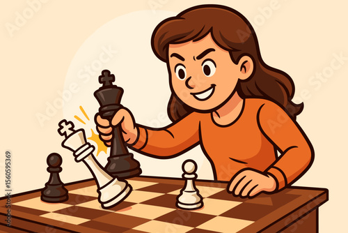 Confident young female chess player winning match with queen piece, capturing opponent’s king, strategic victory, competition, cartoon vector illustration, board game, intellectual challenge