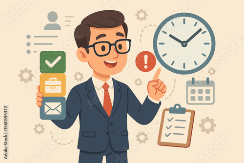 Time Management Concept with Businessman Organizing Tasks, Prioritizing Work, Scheduling, Productivity, Deadline Reminder, Office Planning, Workflow Optimization, Vector Illustration